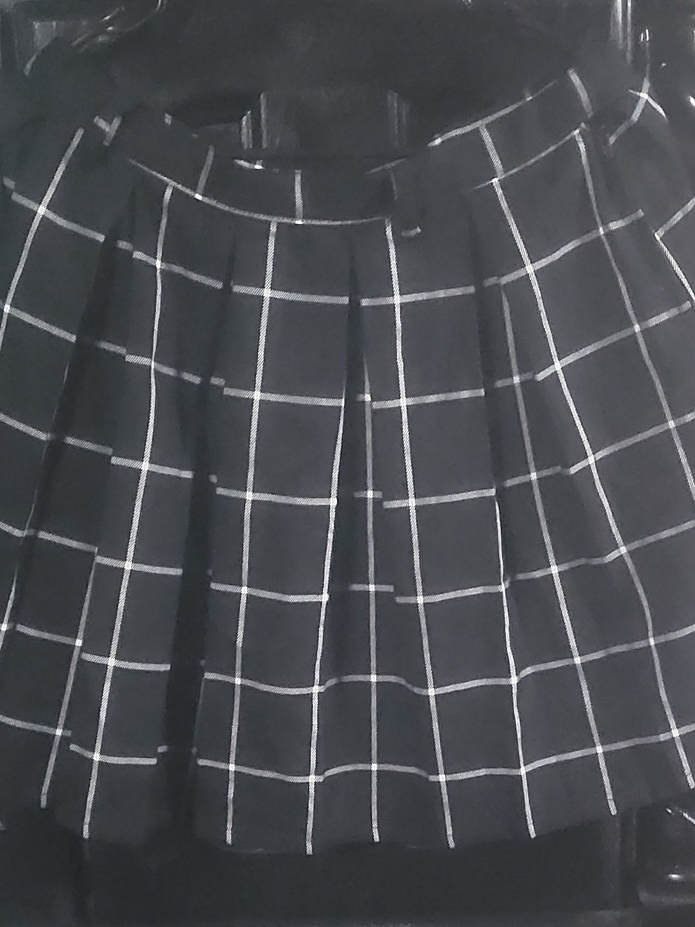 Black Plaid Pleated Skirt with White Grid